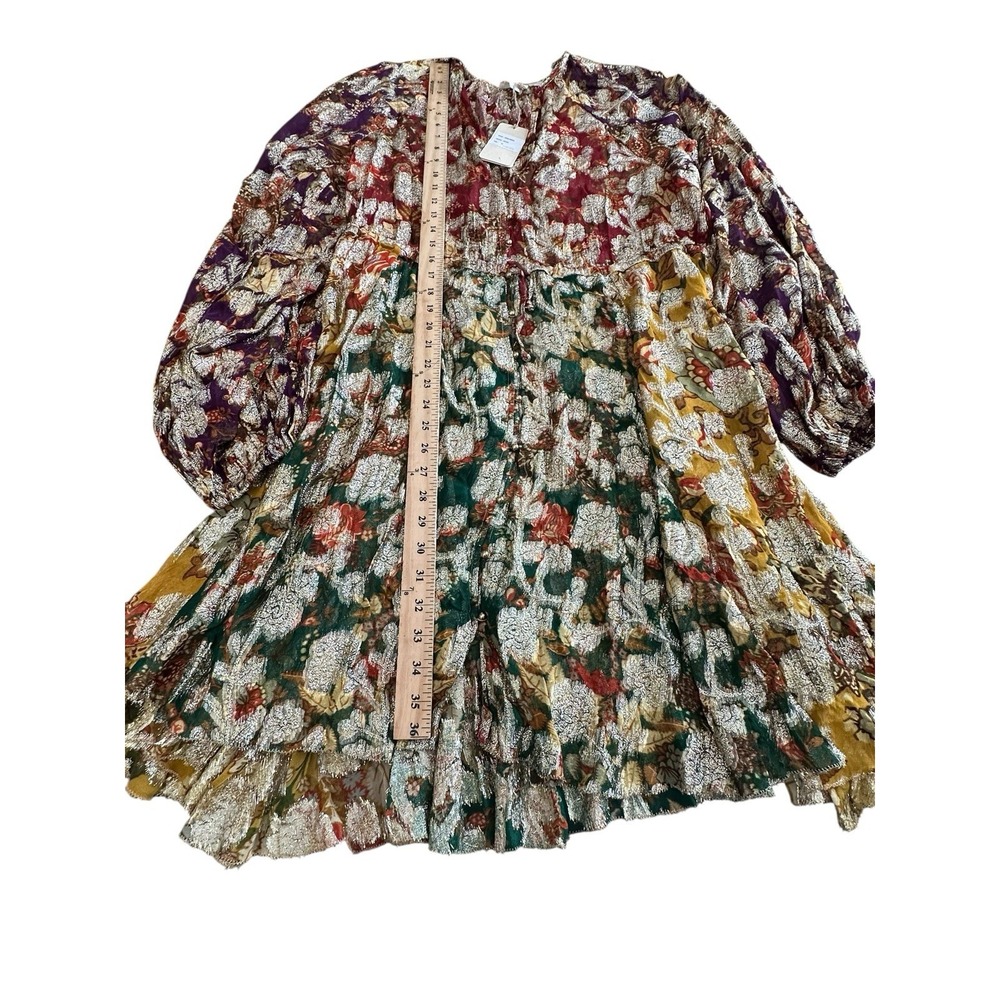 Anthropologie Let Me Be Dress Medium Gold Rainbow Floral Boho Long Sleeve AB14-1 - Picture 12 of 13